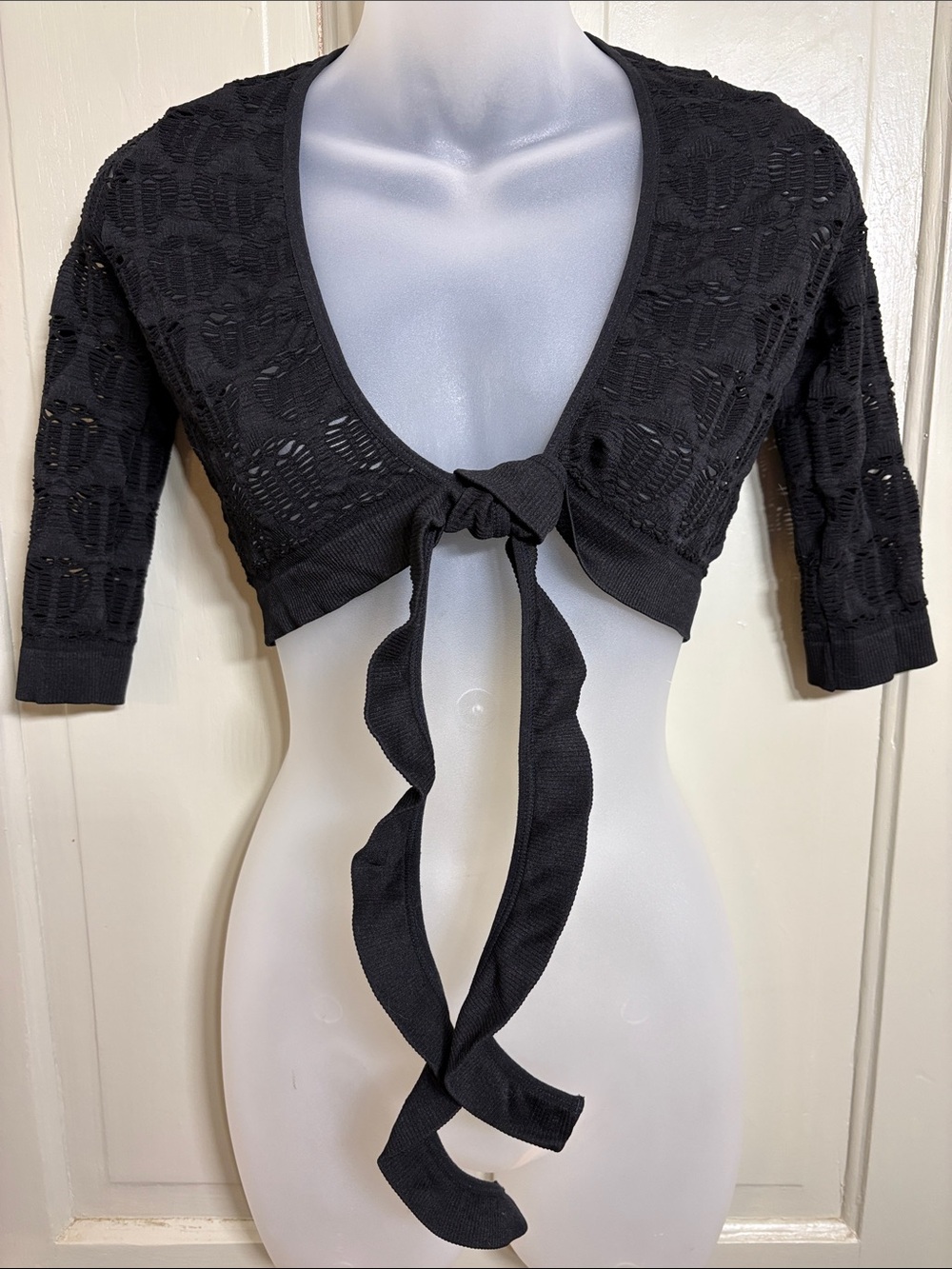 Black Dancer’s Shoulder Shrug- Cropped Tie-Front Knit Bolero